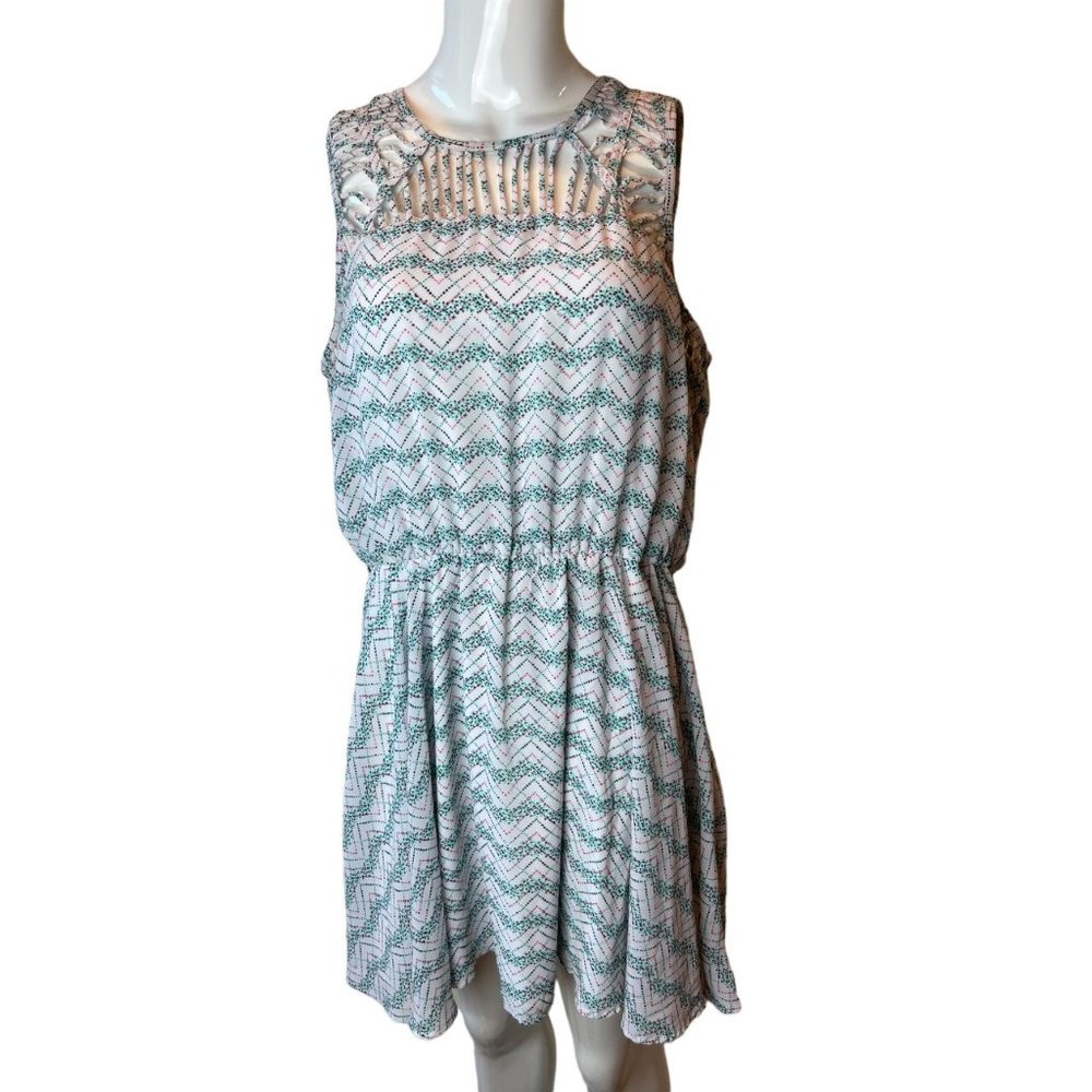 Candies Womens Lattice Yoke Tank Mini Dress Chevron Elastic Waist Green White XL